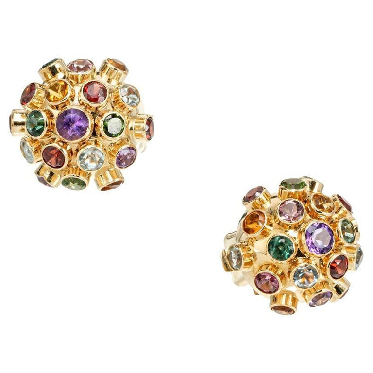 2.30 Carat Multi Color Semi Precious Gemstone Yellow Gold Sputnick Earrings