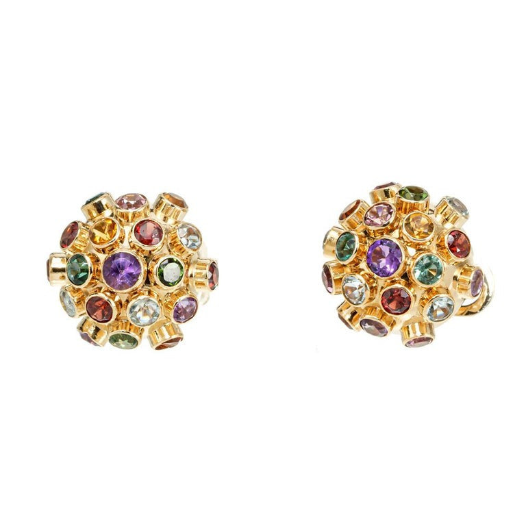 2.30 Carat Multi Color Semi Precious Gemstone Yellow Gold Sputnick Earrings – image 2