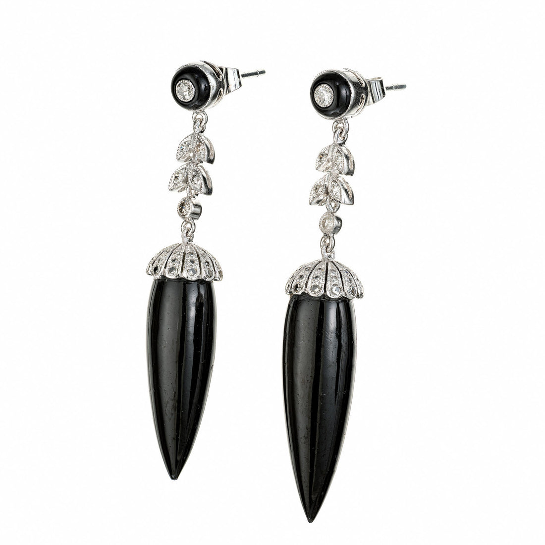 Art Deco .50 Carat Diamond Onyx White Gold Dangle Earrings – image 2