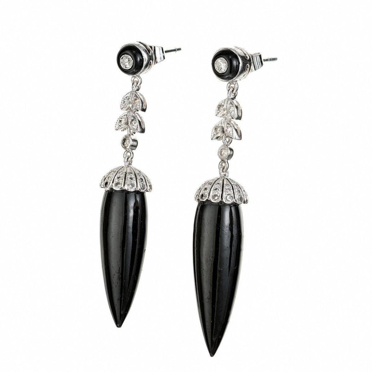 Art Deco .50 Carat Diamond Onyx White Gold Dangle Earrings – image 2