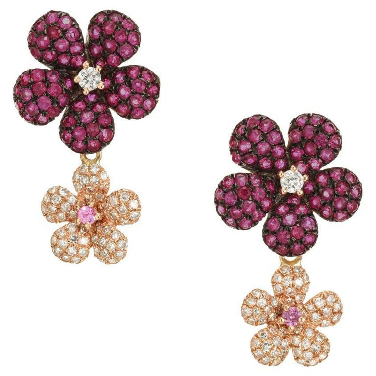 Effy Jardin 1.27 Carat Ruby Diamond Rose Gold Flower Dangle Earrings