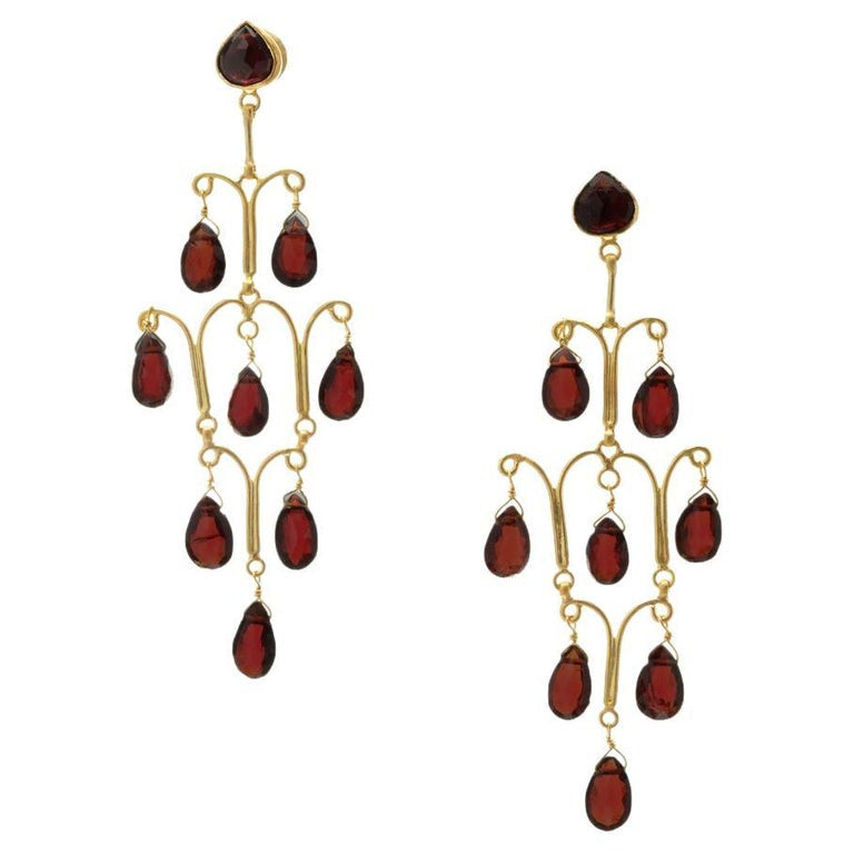 14.00 Carat Garnet Briolette Yellow Gold Chandelier Dangle Earrings