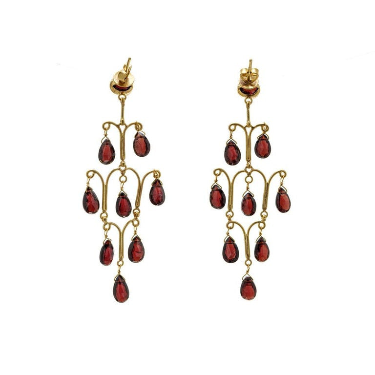 14.00 Carat Garnet Briolette Yellow Gold Chandelier Dangle Earrings – image 4