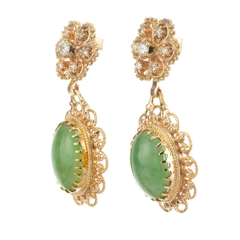 GIA Certified 13.2 Carat Jadeite Jade Diamond Yellow Gold Dangle Earrings – image 2
