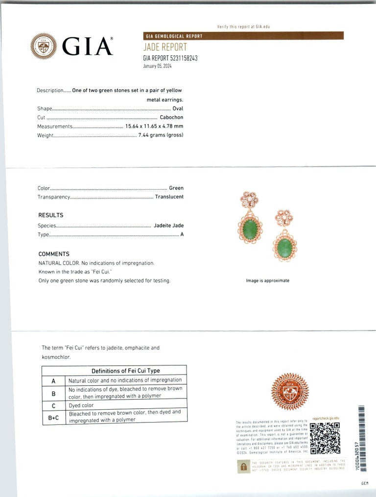 GIA Certified 13.2 Carat Jadeite Jade Diamond Yellow Gold Dangle Earrings – image 3