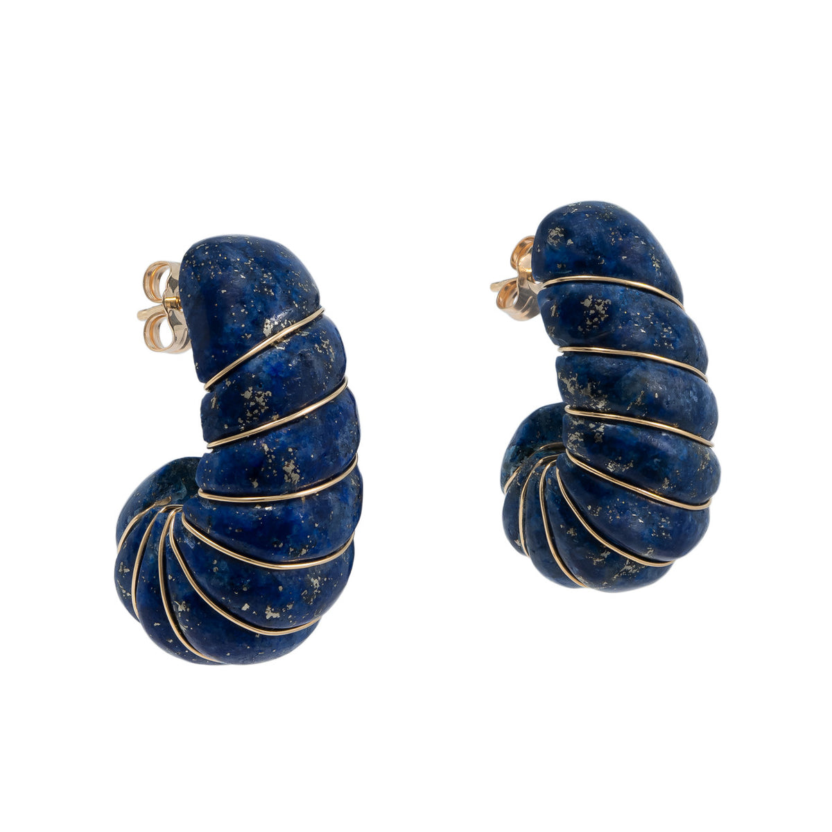 Carved Lapis Lazulli Yellow Gold Wire Wrapped Earrings