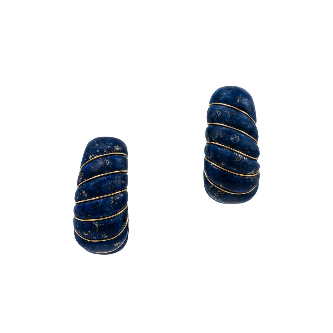 Carved Lapis Lazulli Yellow Gold Wire Wrapped Earrings – image 2