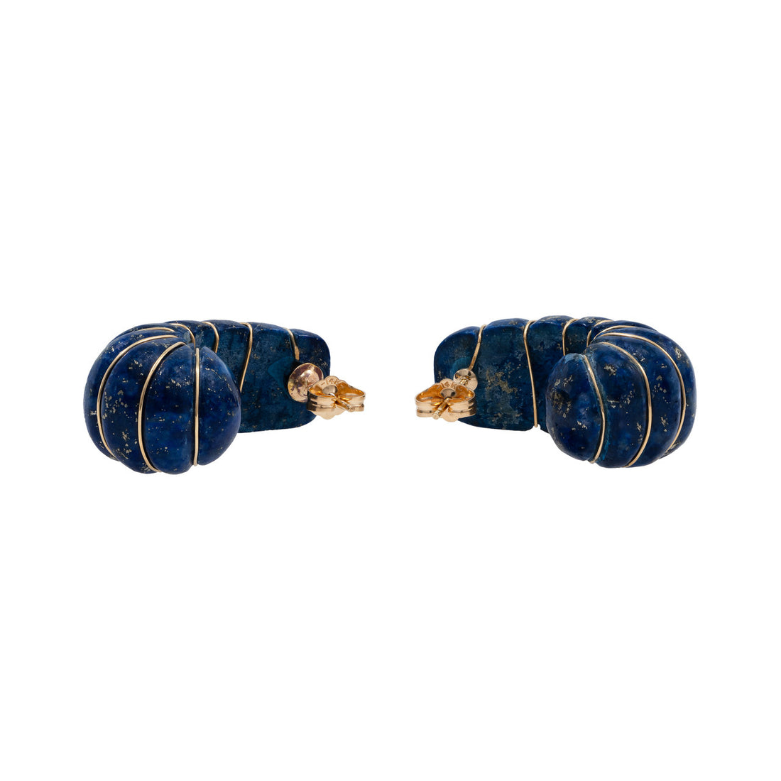 Carved Lapis Lazulli Yellow Gold Wire Wrapped Earrings – image 3