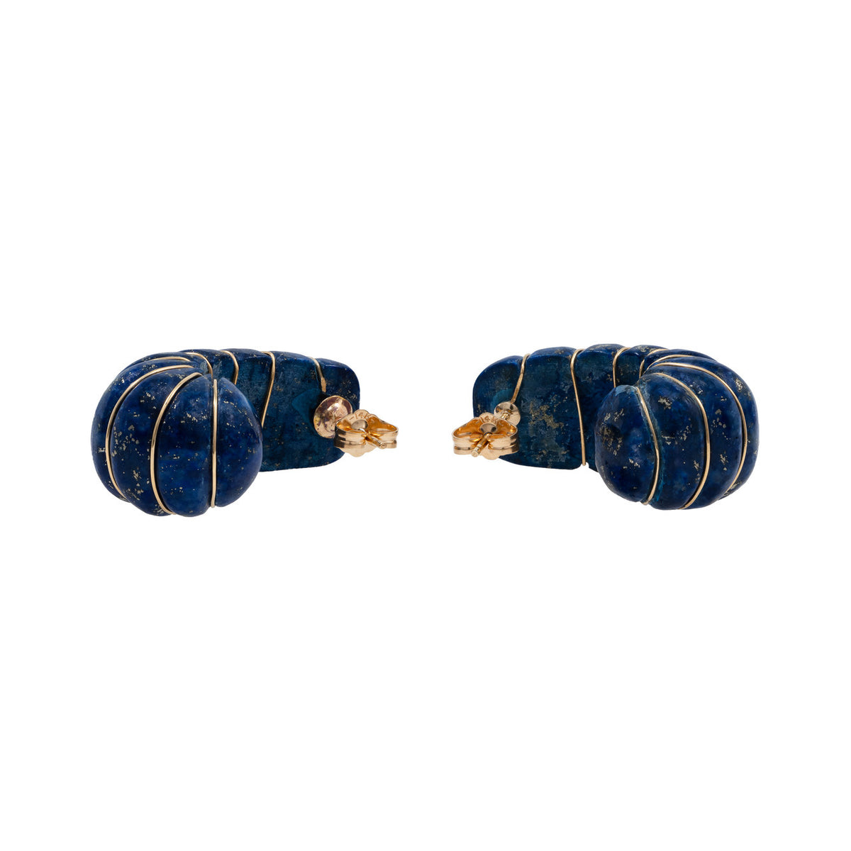 Carved Lapis Lazulli Yellow Gold Wire Wrapped Earrings – image 3