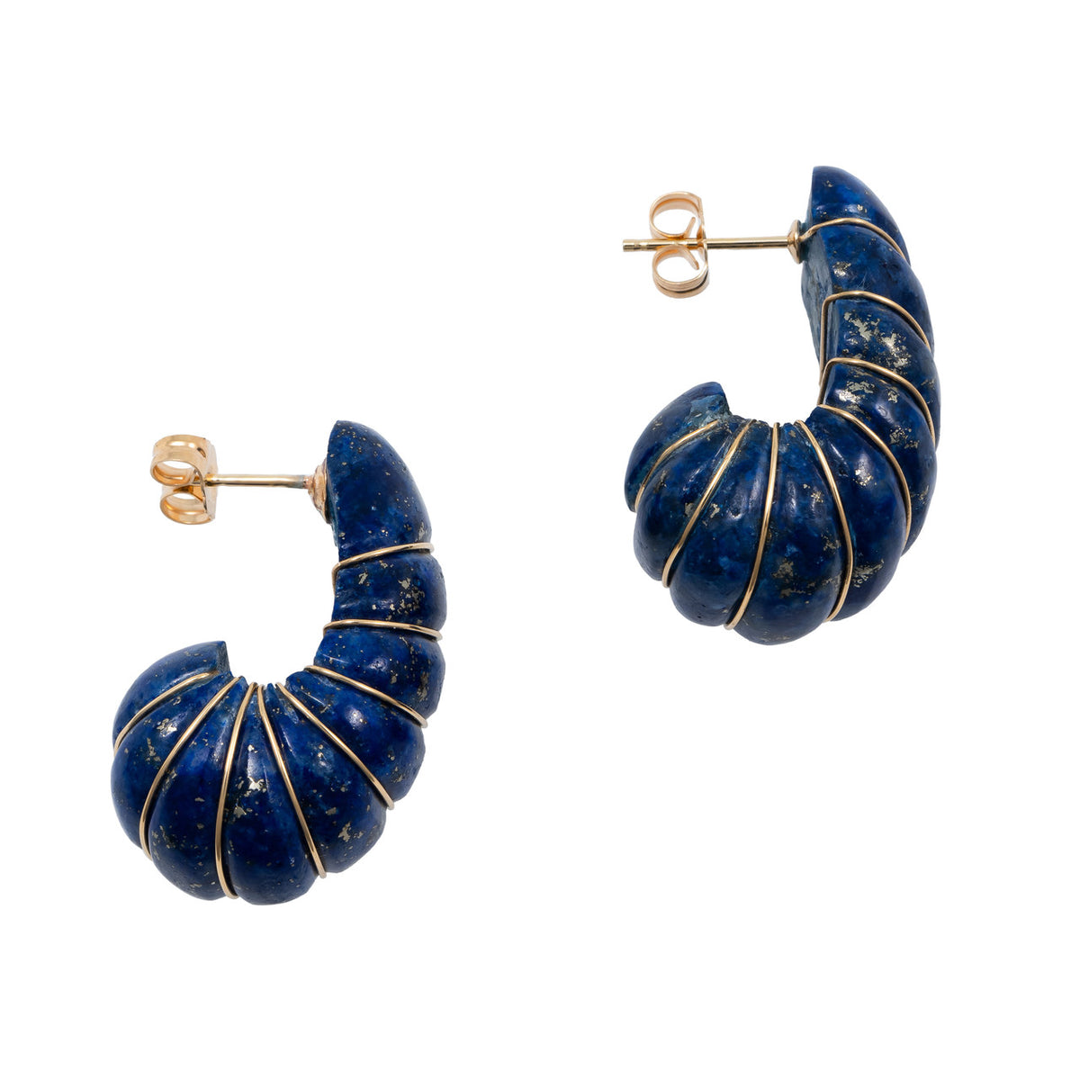 Carved Lapis Lazulli Yellow Gold Wire Wrapped Earrings – image 5