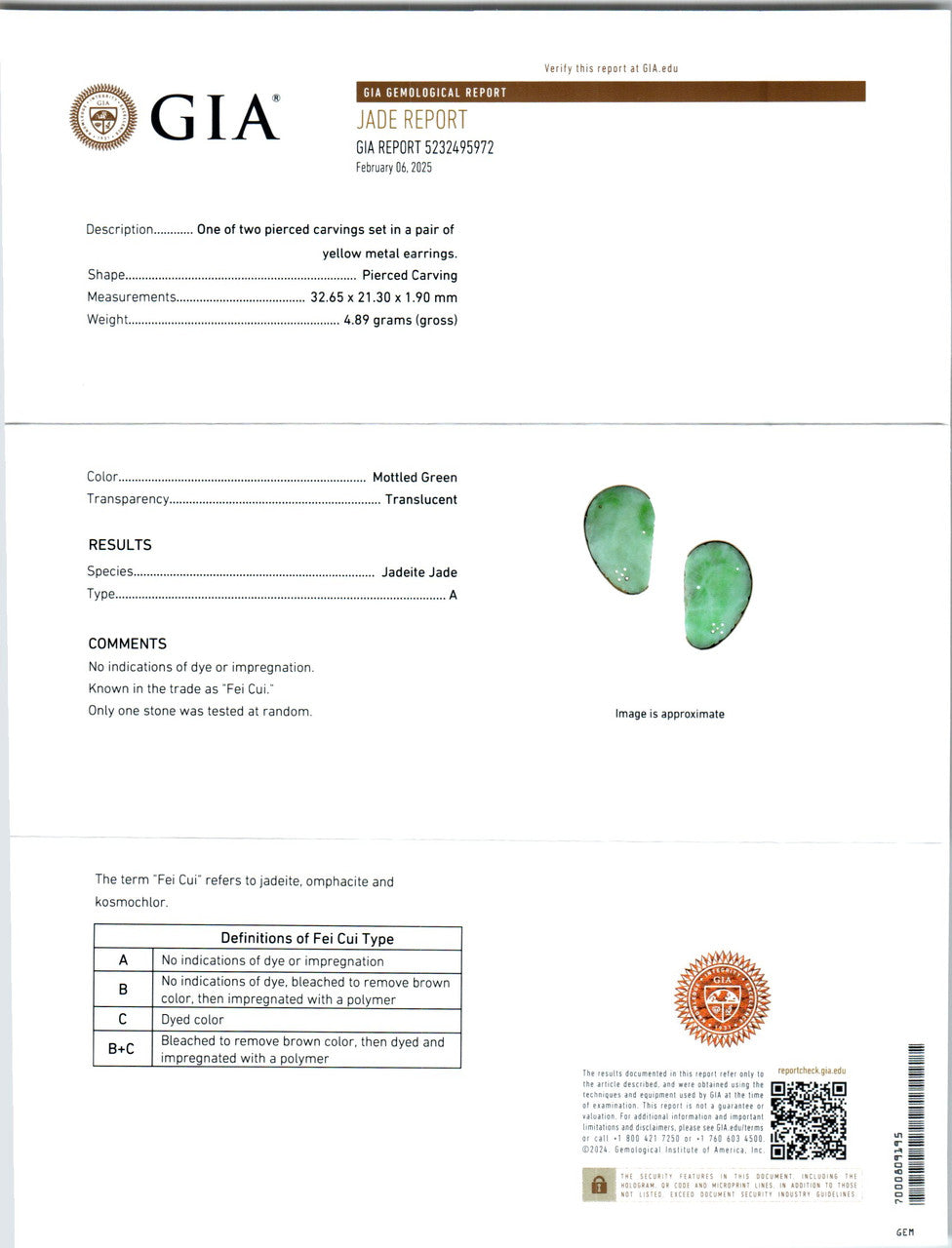 GIA Certified Fei Cui Jadeite Jade Yellow Gold Earrings – image 3