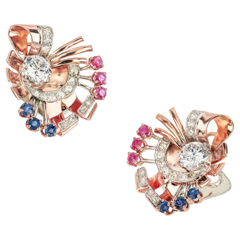 2.80 Carat White Sapphire Ruby Diamond Two Tone Gold Clip Post Swirl Earrings