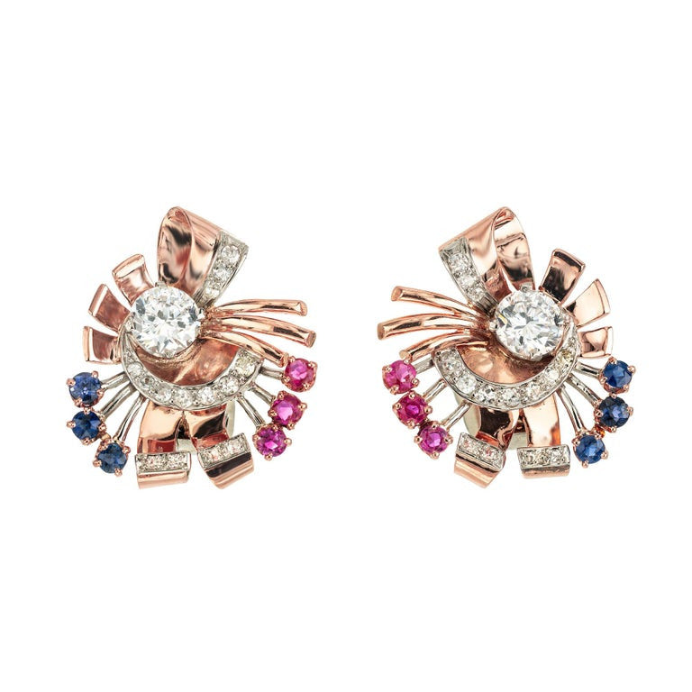 2.80 Carat White Sapphire Ruby Diamond Two Tone Gold Clip Post Swirl Earrings – image 2