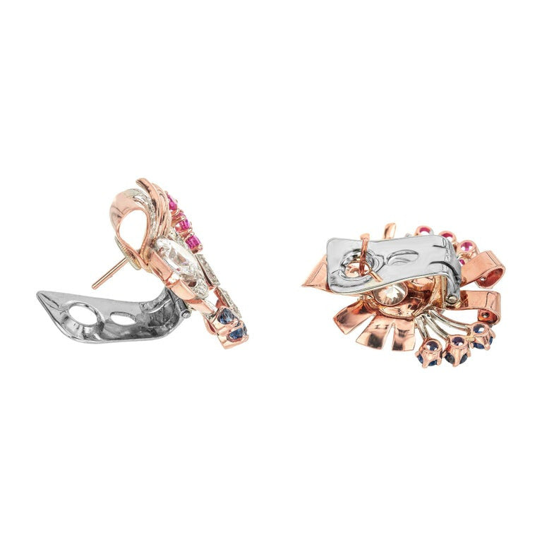 2.80 Carat White Sapphire Ruby Diamond Two Tone Gold Clip Post Swirl Earrings – image 3