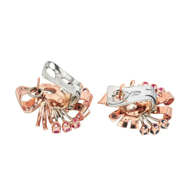 2.80 Carat White Sapphire Ruby Diamond Two Tone Gold Clip Post Swirl Earrings – image 4