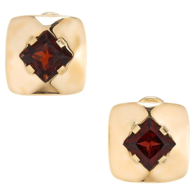 5.00 Carat Square Garnet 18k Yellow Clip Post Gold Earrings