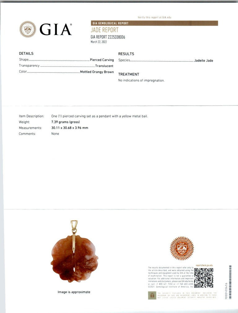 GIA Certified Jadeite Jade Yellow Gold Carved Pendant Necklace – image 4