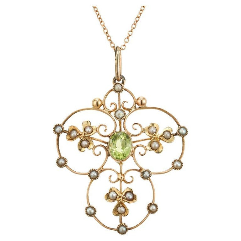 Victorian .50 Carat Peridot Pearl Rose Gold Pendant Necklace