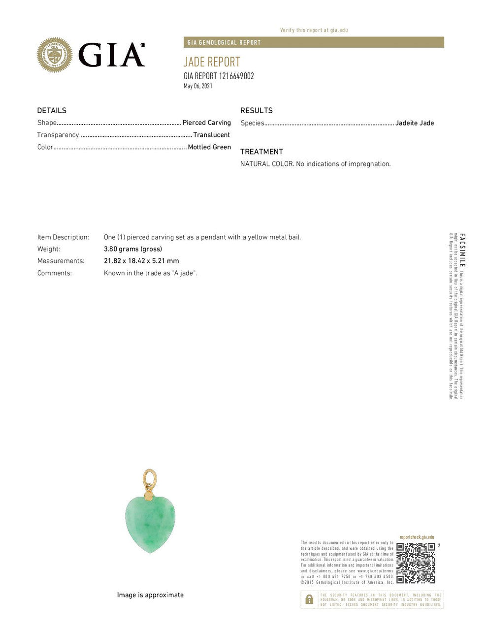 GIA Jadeite Jade Heart Yellow Gold Pendant – image 3
