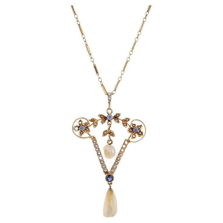 GIA Certified .19 Carat Yogo Gulch Sapphire Pearl Yellow Gold Pendant Necklace