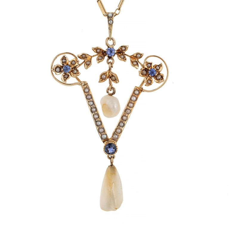 GIA Certified .19 Carat Yogo Gulch Sapphire Pearl Yellow Gold Pendant Necklace – image 2