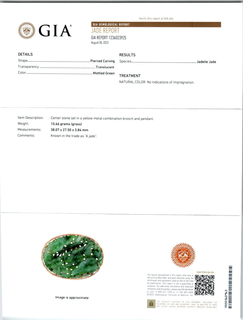 GIA Certified Jadeite Jade Rose Gold Carved Brooch Pendant – image 4
