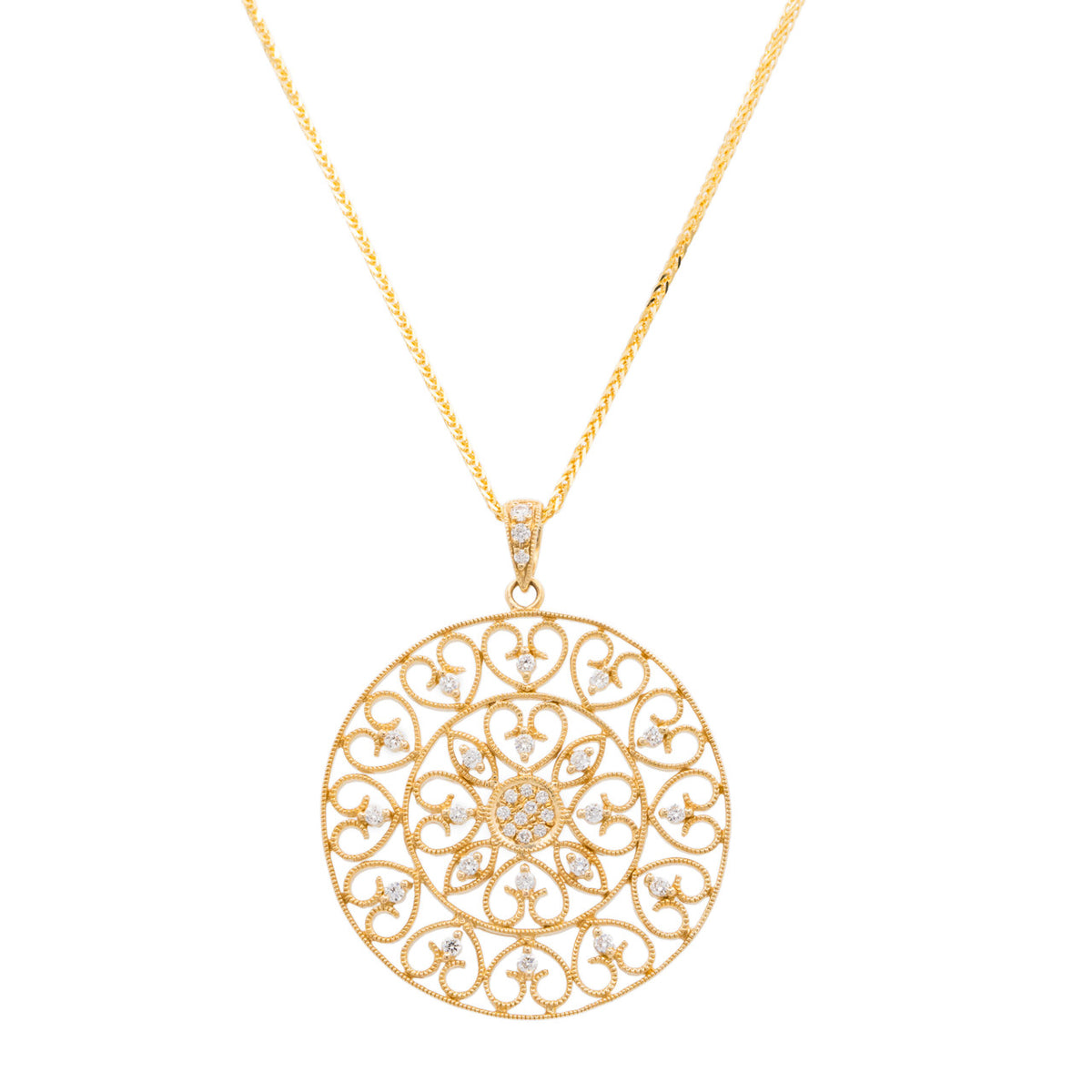 .27 Carat Diamond Yellow Gold Studded Filigree Disc Pendant Necklace