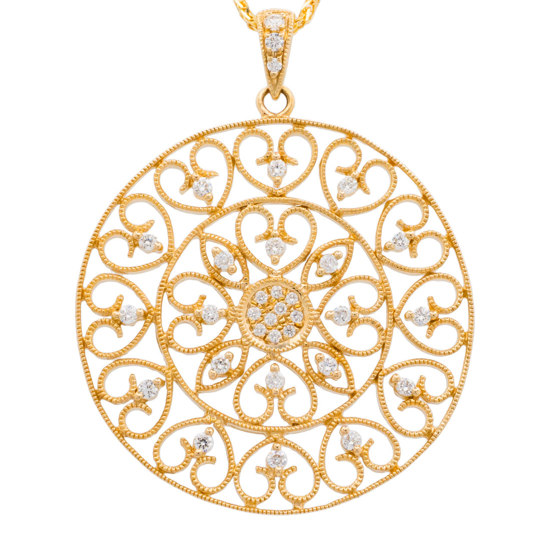 .27 Carat Diamond Yellow Gold Studded Filigree Disc Pendant Necklace – image 2