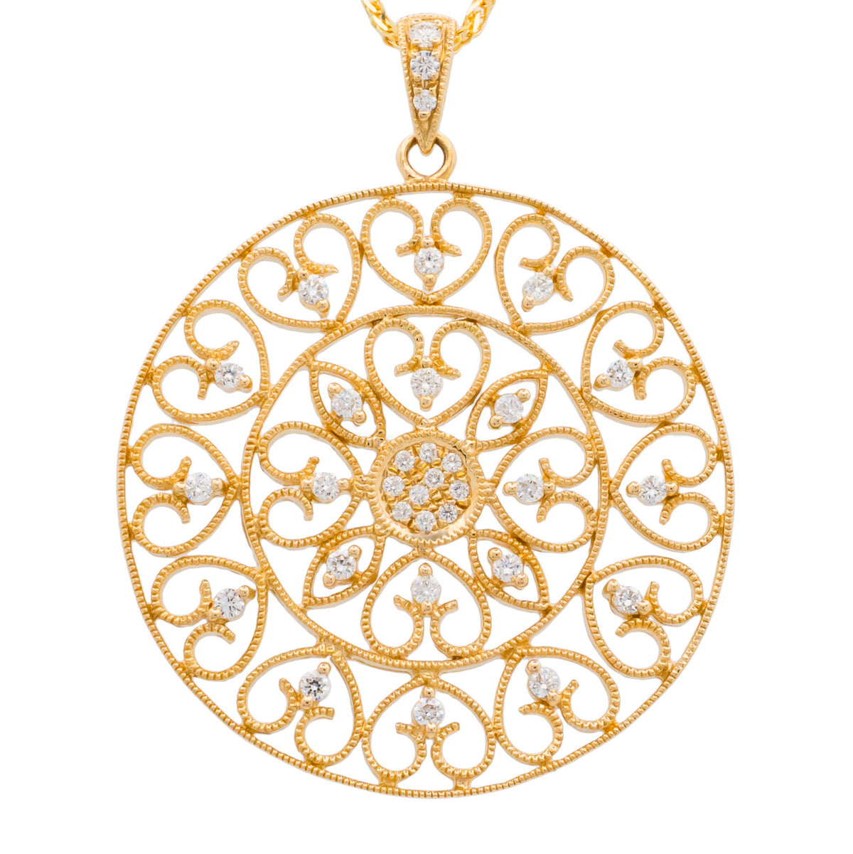 .27 Carat Diamond Yellow Gold Studded Filigree Disc Pendant Necklace – image 2