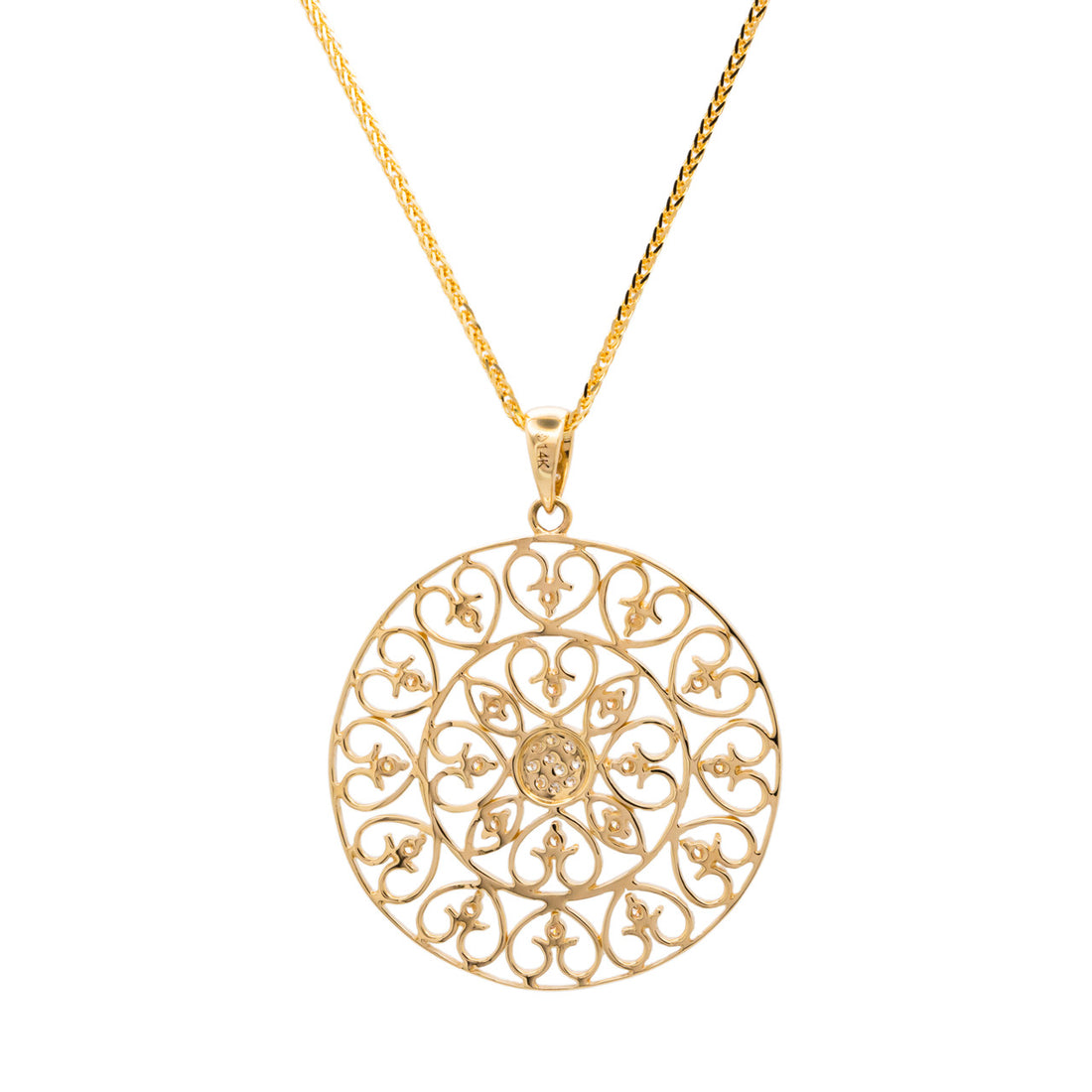 .27 Carat Diamond Yellow Gold Studded Filigree Disc Pendant Necklace – image 3