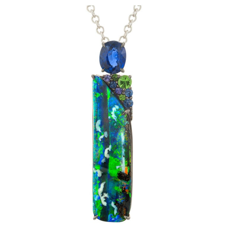 7.37 Carat Black Opal Garnet Sapphire White Gold Pendant Necklace