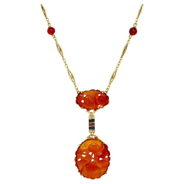 Carved Carnelian Yellow Gold Enamel Necklace