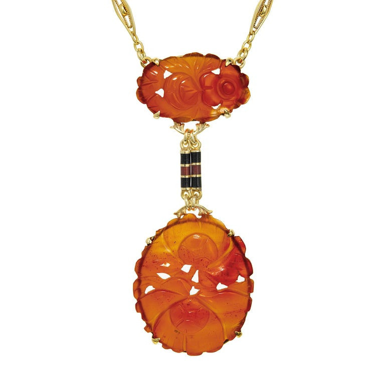 Carved Carnelian Yellow Gold Enamel Necklace – image 2
