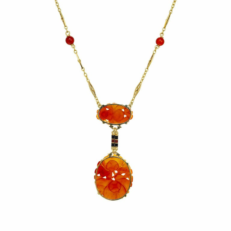 Carved Carnelian Yellow Gold Enamel Necklace – image 3