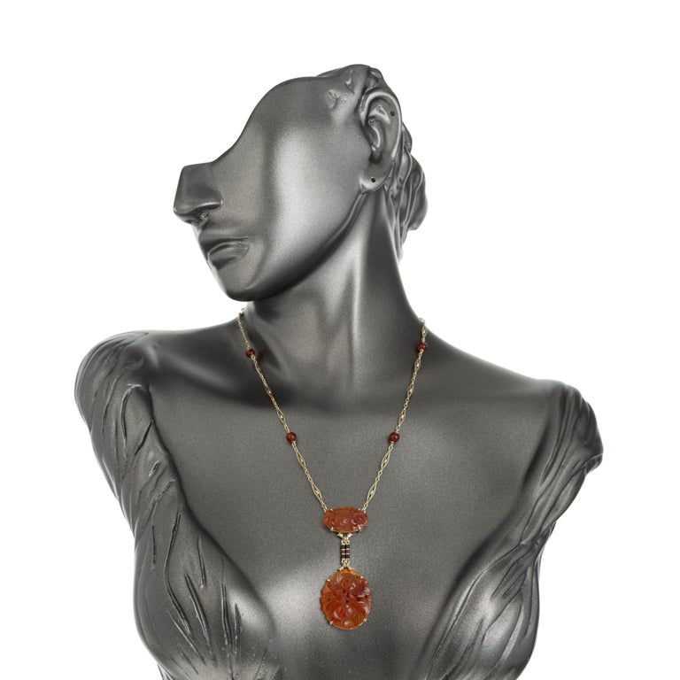 Carved Carnelian Yellow Gold Enamel Necklace – image 6