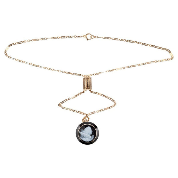 Black Onyx Hardstone Yellow Gold EOS Greek Goddess Carved Pendant Necklace