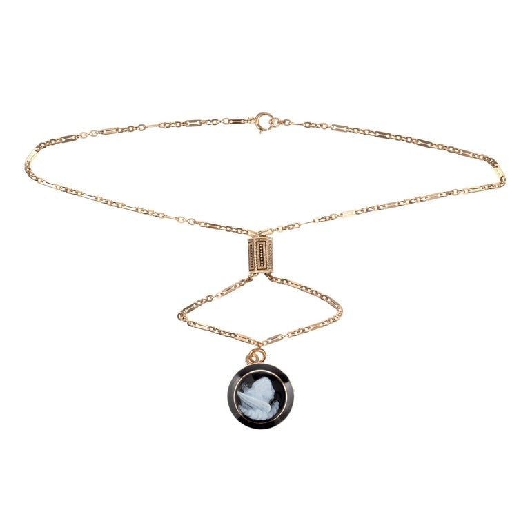 Black Onyx Hardstone Yellow Gold EOS Greek Goddess Carved Pendant Necklace – image 2