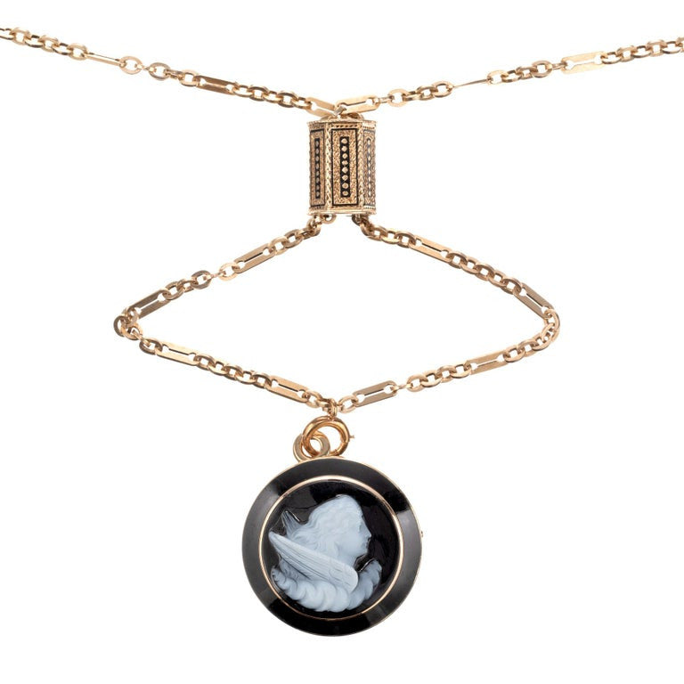 Black Onyx Hardstone Yellow Gold EOS Greek Goddess Carved Pendant Necklace – image 3