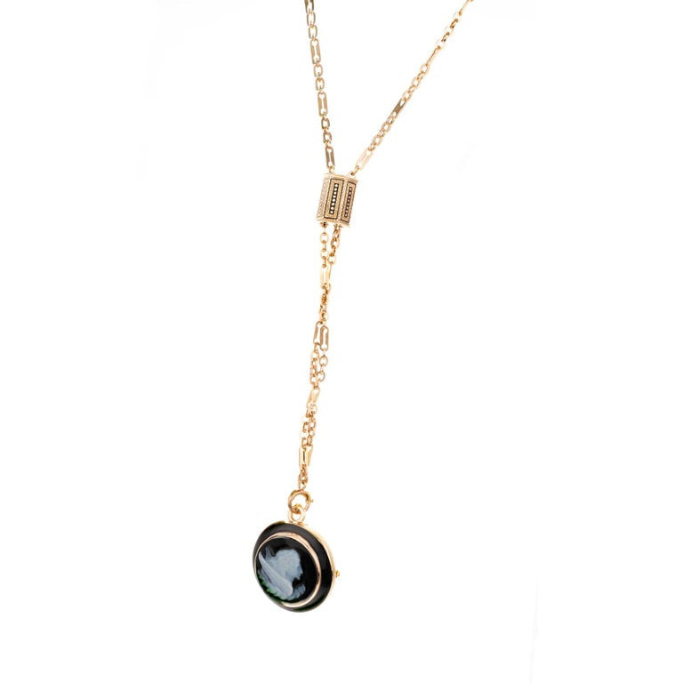 Black Onyx Hardstone Yellow Gold EOS Greek Goddess Carved Pendant Necklace – image 4