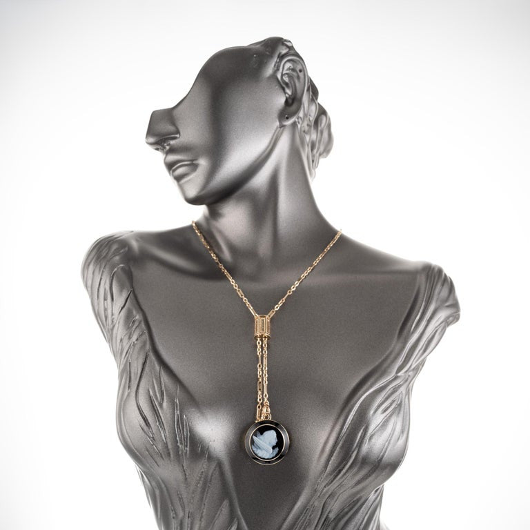 Black Onyx Hardstone Yellow Gold EOS Greek Goddess Carved Pendant Necklace – image 6