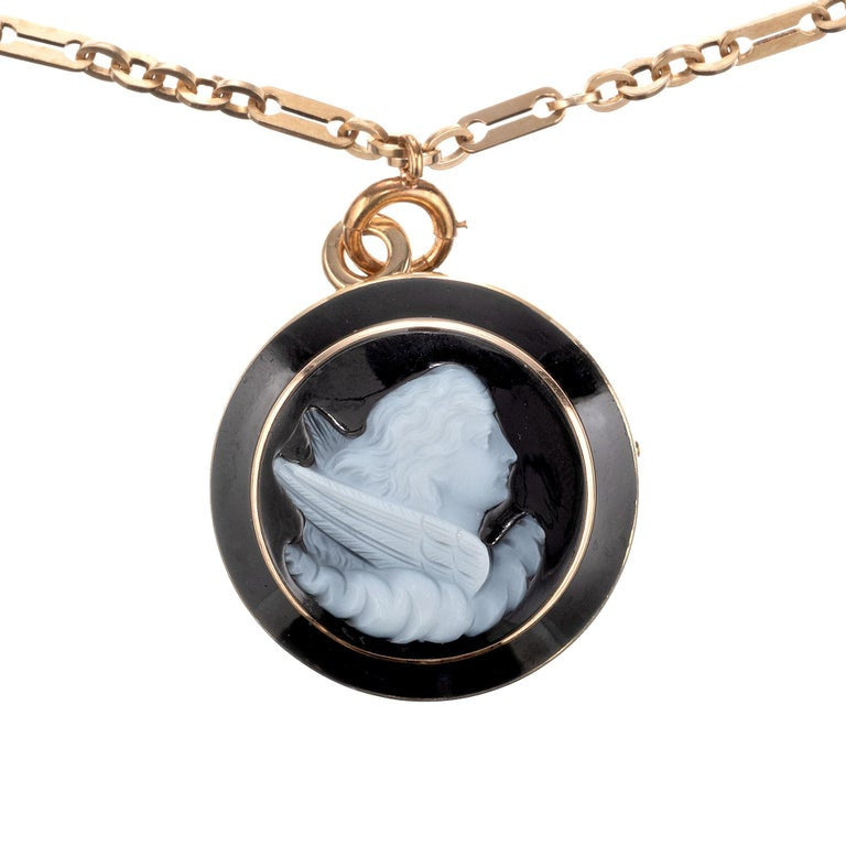 Black Onyx Hardstone Yellow Gold EOS Greek Goddess Carved Pendant Necklace – image 8
