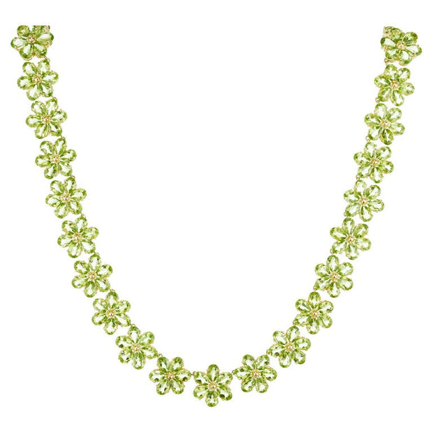 74.00 Carat Peridot 14k Yellow Gold Flower Necklace