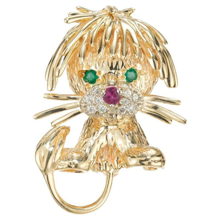 .15 Carat Diamond Emerald Ruby Yellow Gold Dog Brooch