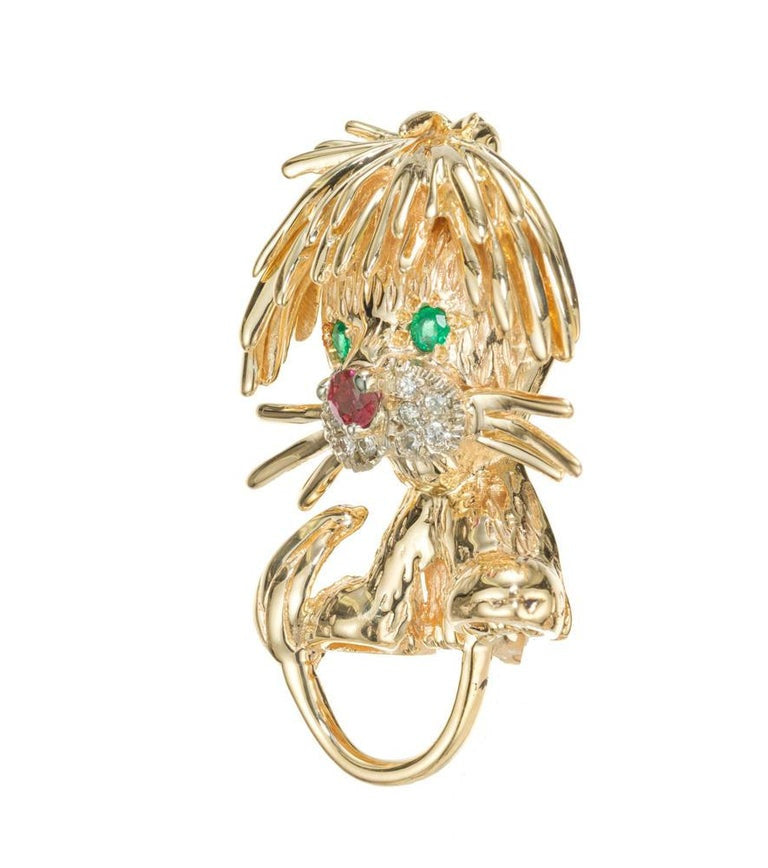 .15 Carat Diamond Emerald Ruby Yellow Gold Dog Brooch – image 2