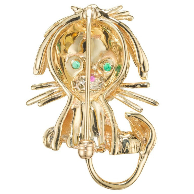 .15 Carat Diamond Emerald Ruby Yellow Gold Dog Brooch – image 3