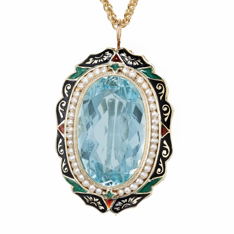 Oval 11.35 Carat Aqua Pearl Halo Enamel Gold Art Deco Brooch Pendant Necklace – image 2