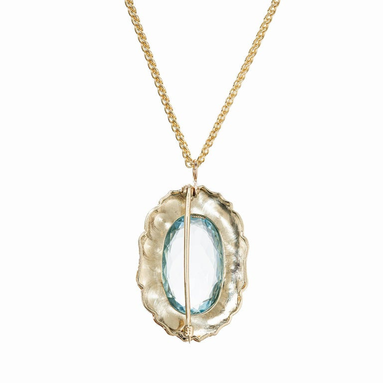 Oval 11.35 Carat Aqua Pearl Halo Enamel Gold Art Deco Brooch Pendant Necklace – image 3