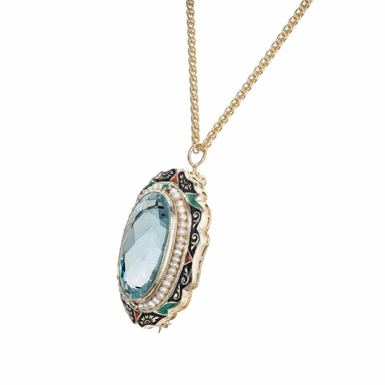 Oval 11.35 Carat Aqua Pearl Halo Enamel Gold Art Deco Brooch Pendant Necklace – image 4