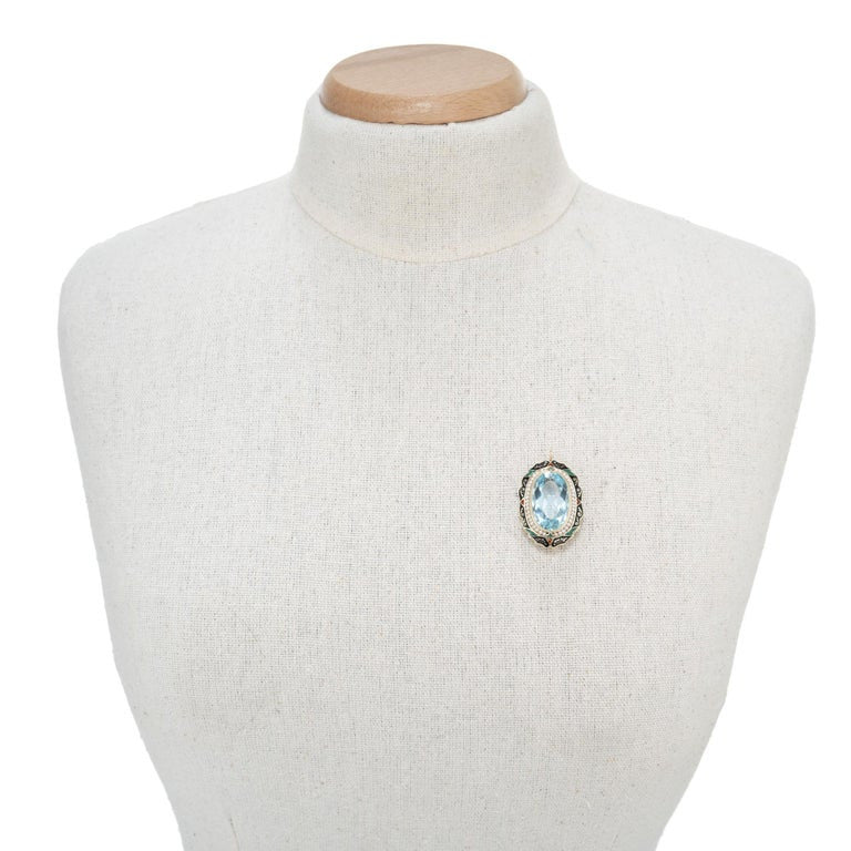 Oval 11.35 Carat Aqua Pearl Halo Enamel Gold Art Deco Brooch Pendant Necklace – image 6