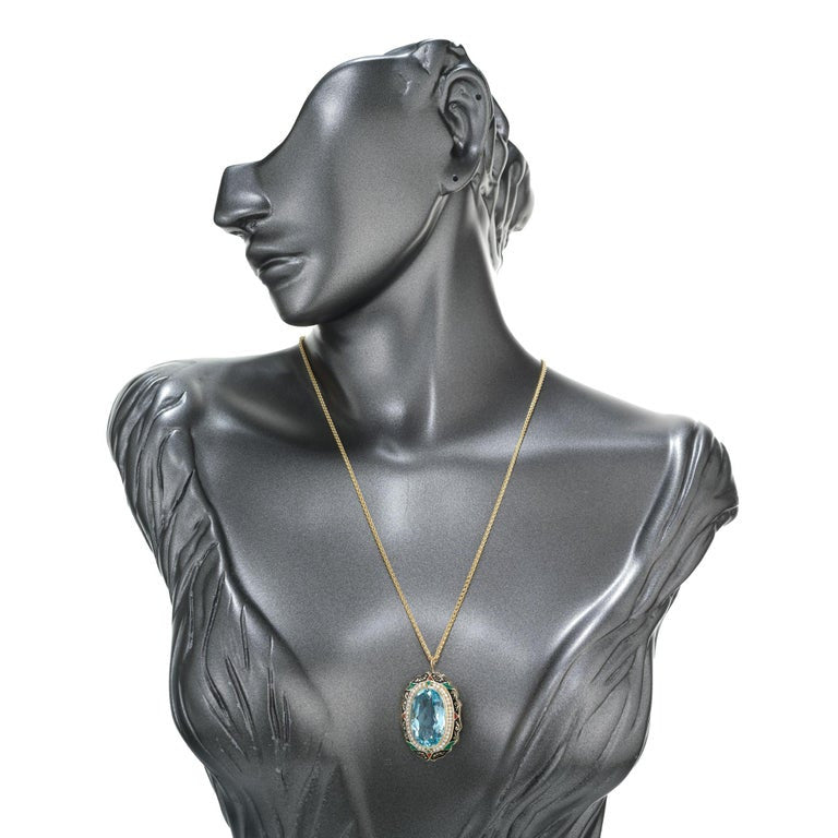 Oval 11.35 Carat Aqua Pearl Halo Enamel Gold Art Deco Brooch Pendant Necklace – image 7